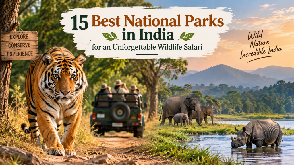 15 best national parks in India for wildlife safari featuring Bengal tiger, elephants, rhino and jungle safari.