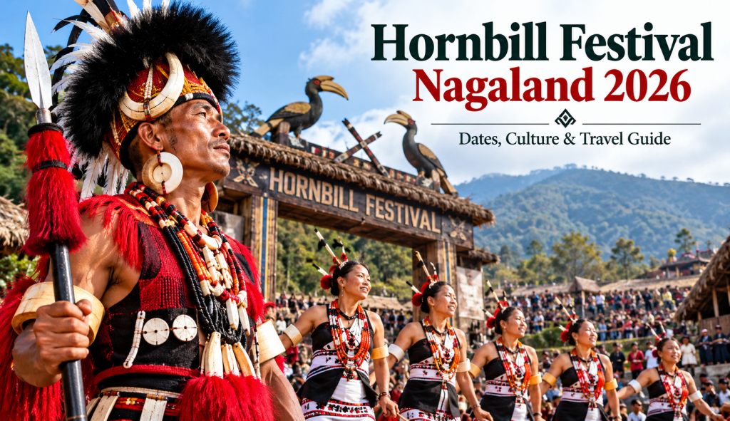 Traditional Naga performers in ceremonial attire at Hornbill Festival Nagaland, Kisama Heritage Village