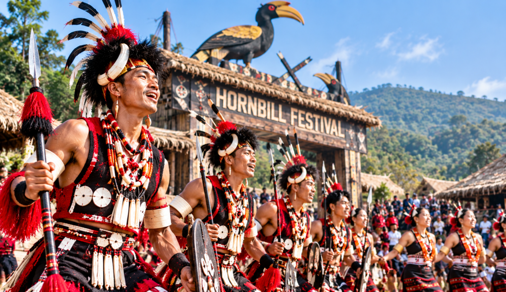 Naga performers in traditional attire at Hornbill Festival, Kisama Heritage Village, Nagaland