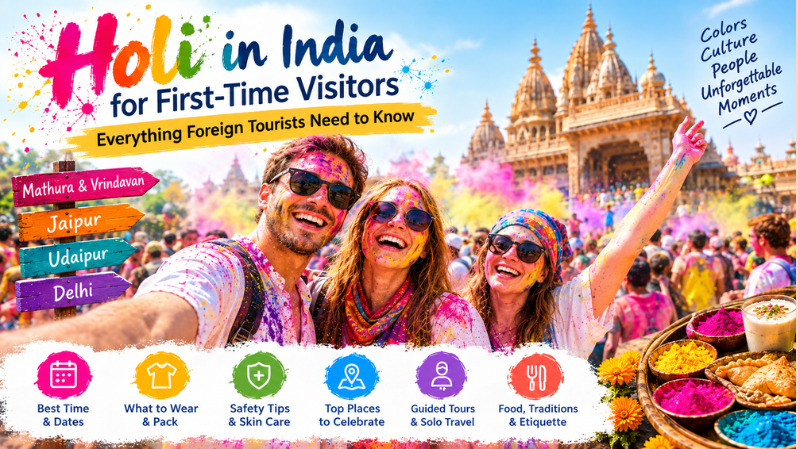 Foreign tourists celebrating Holi in India with colorful powder at a traditional festival
