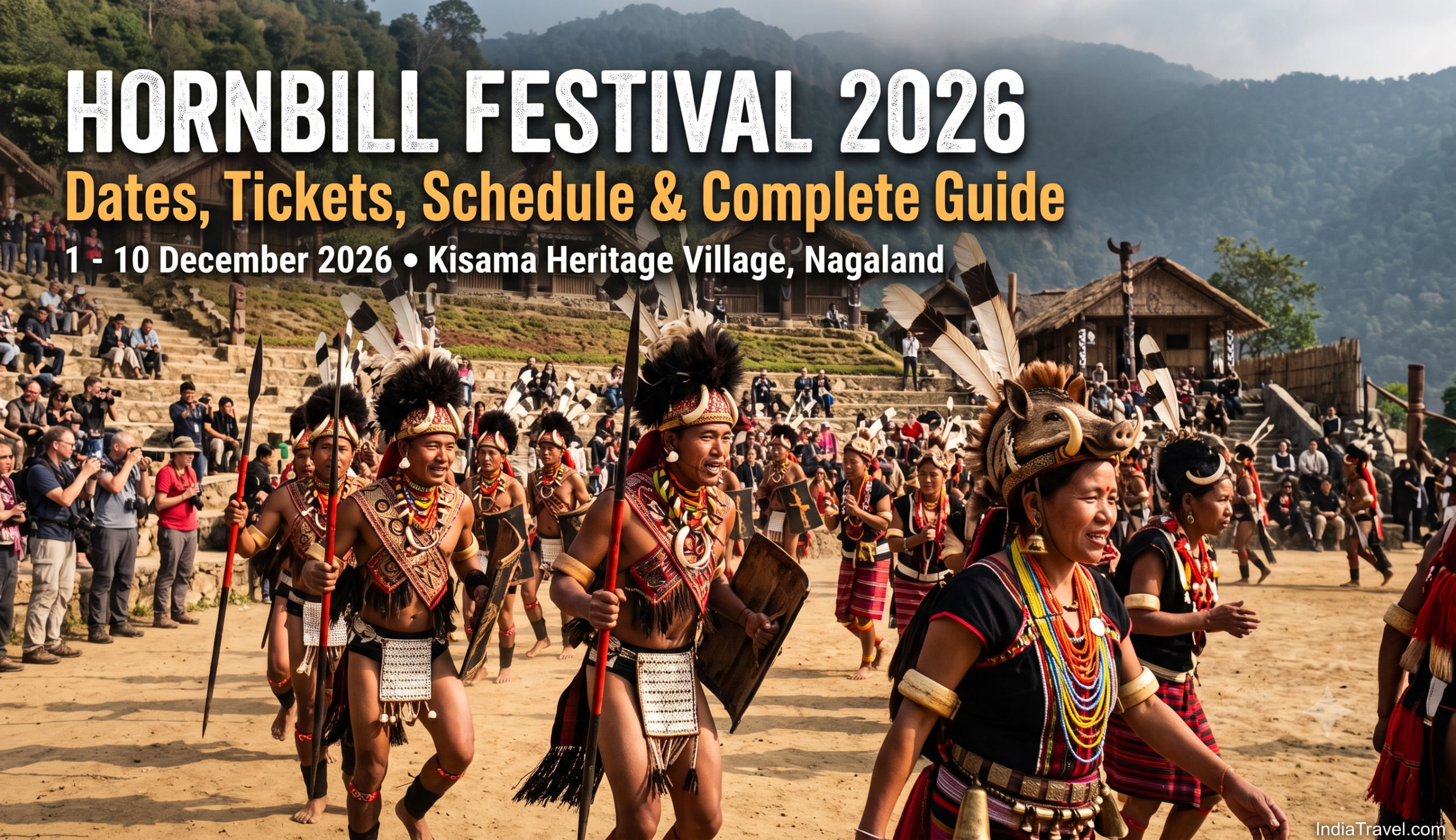 Performers in traditional Naga tribal attire dancing at Kisama Heritage Village during Hornbill Festival 2026